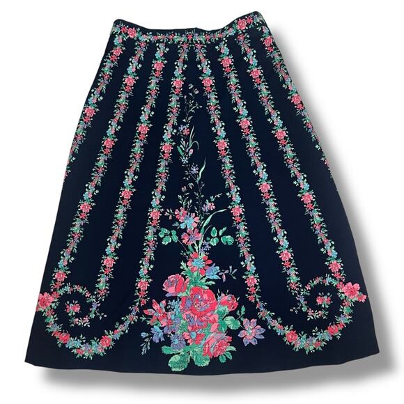 Vintage Dresses & Skirts - Vintage deep navy blue and floral A-Line midi skirt